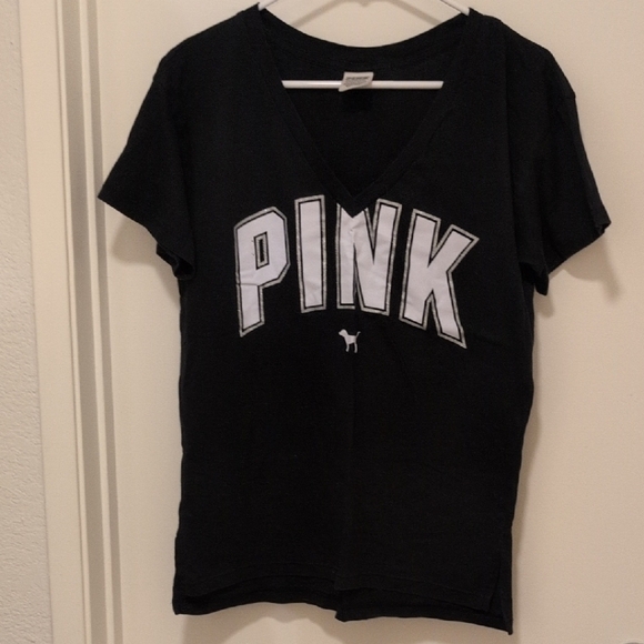 PINK Victoria's Secret Tops - PINK Victoria's Secret Black Tee with White Logo